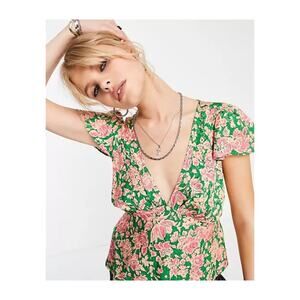 TOPSHOP Vintage Style Green Floral Jacquard Cap Sleeve Blouse Size 2